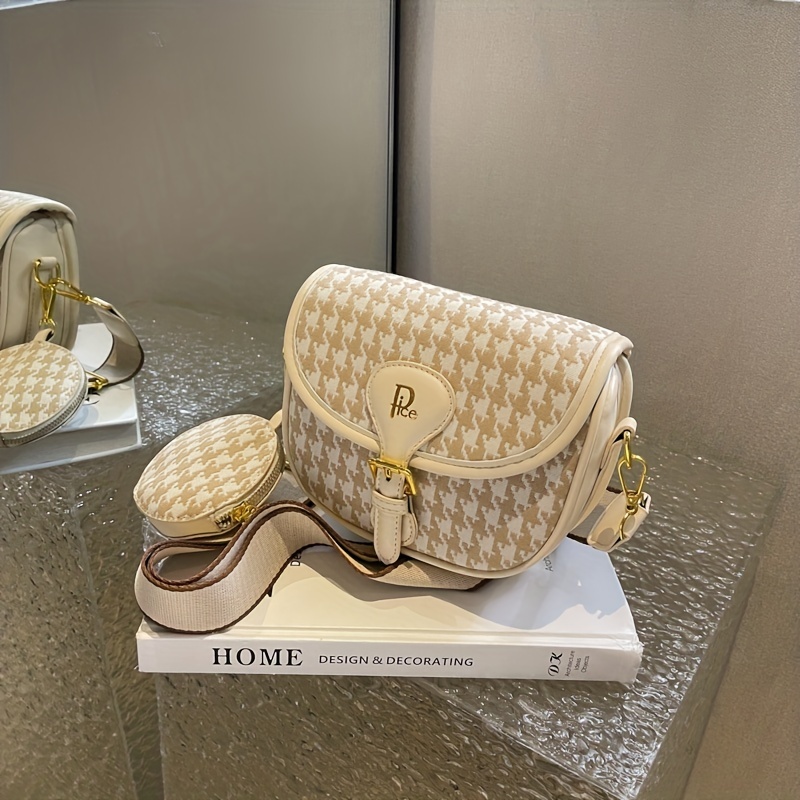 Houndstooth Saddle Bag Set, Trendy Crossbody Bag With Coin Purse, Women's Small Flap Shoulder Bag