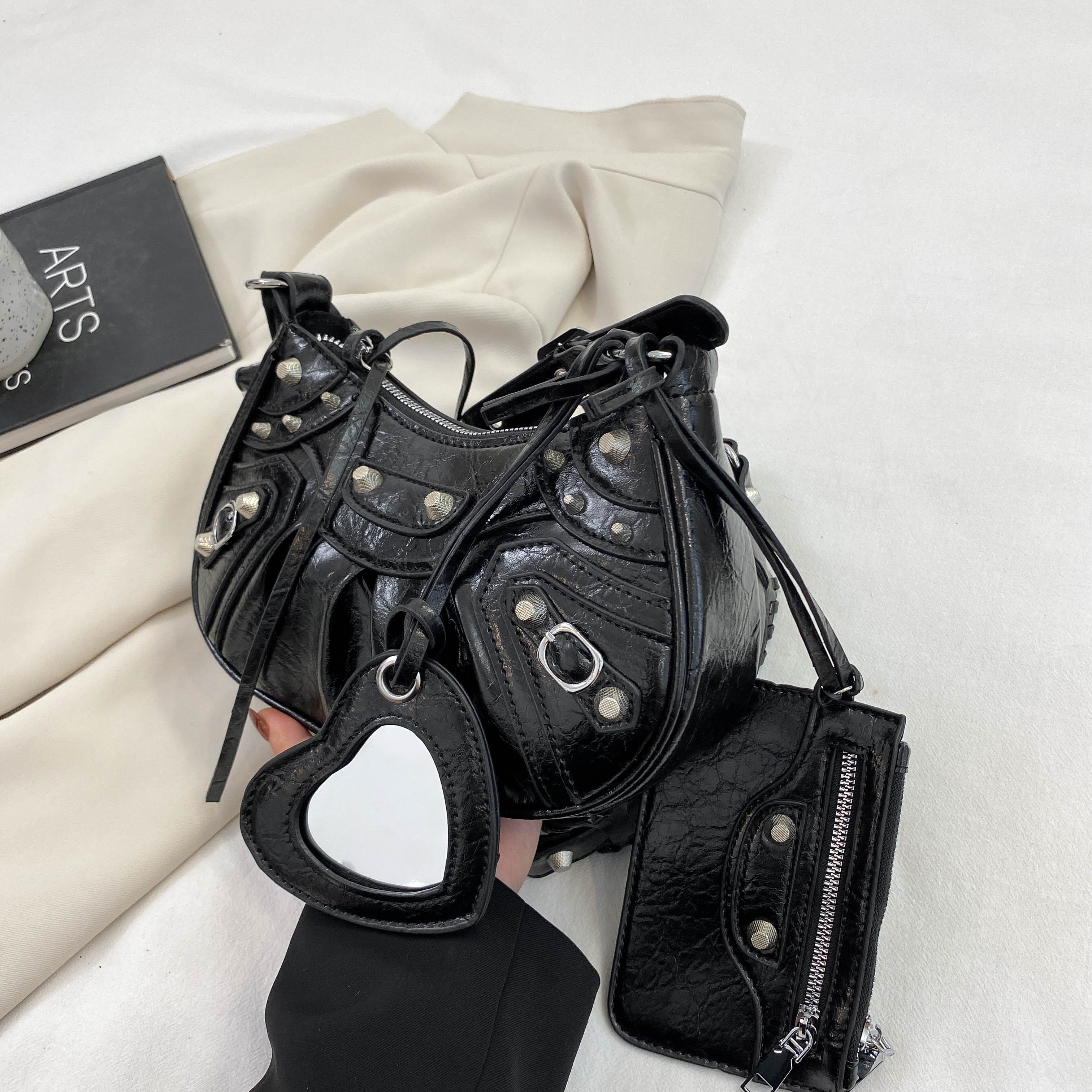 Y2K Studded Decor Crossbody Bag Set, Heart Decor Crescent Bag, Trendy Shoulder Bag With Coin Purse