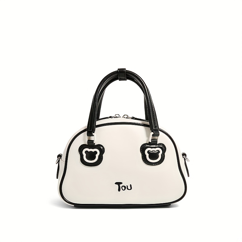 TOUTOU Cartoon Boston Bag, Cute Bear Patch Decor Handbag, Women's Small Faux Leather Satchel Purse
