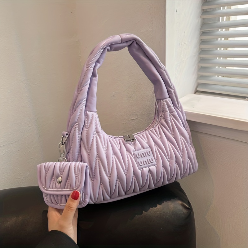 Ruched Quilted Hobo Bag, Trendy Solid Color Shoulder Bag, Women's Simpler Handbags With Coin Purses