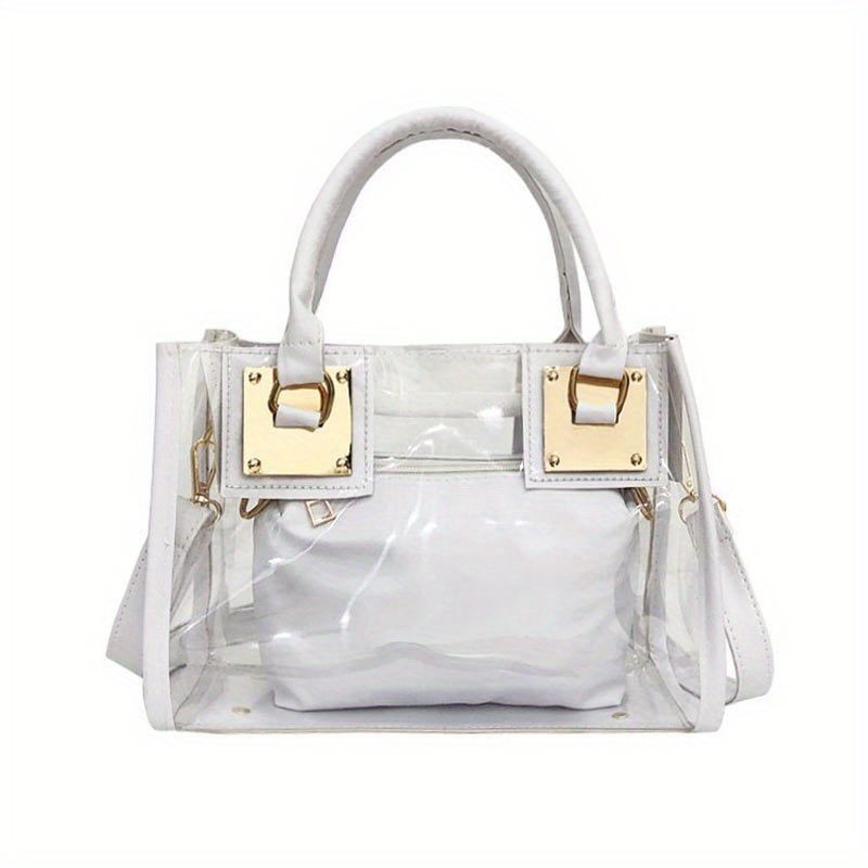 2Pcs Clear Bag Set For Women, Trendy PVC Tote Bag With Inner Pouch, Zipper Crossbody Purse