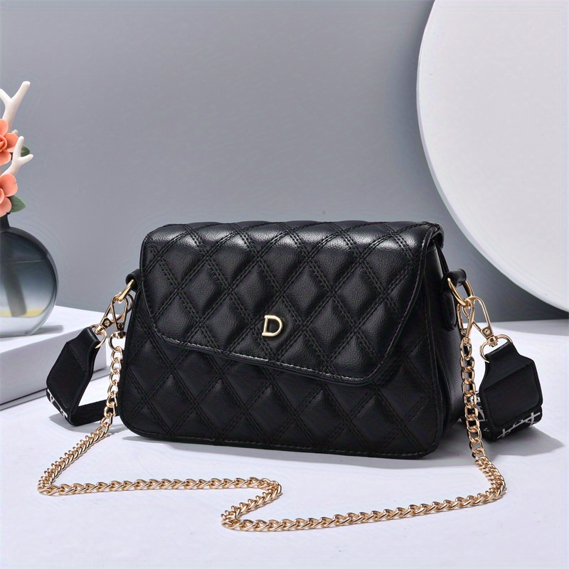 Quilted Chain Crossbody Bag, Trendy Solid Color Shoulder Bag, Women's Small PU Flap Purse
