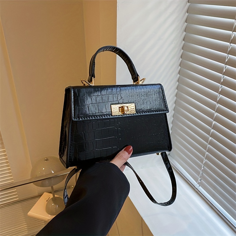 Metallic Crocodile Embossed Handbbag, Turn Lock Crossbody Bag, Women's PU Leather Flap Purse