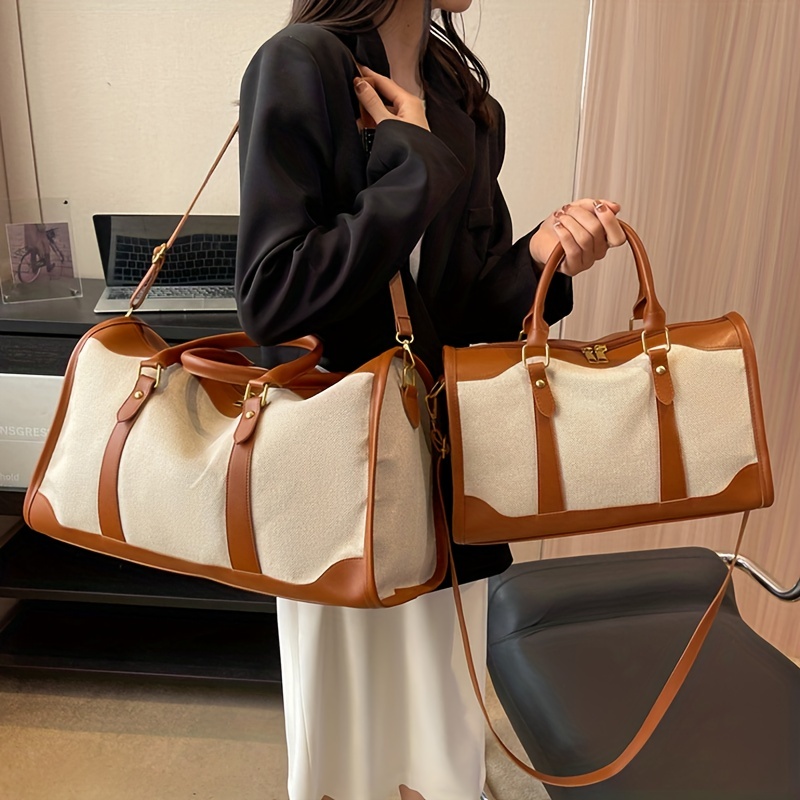 Canvas Boston Bag For Women, Large Capacity Travel Handbag, Vintage Stitching Crossbody Bag