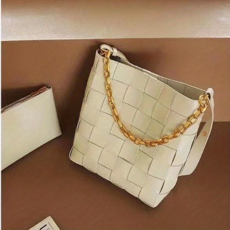 2Pcs Woven Bucket Bag, Large Capacity Shoulder Bag, Fashion Chain Handbags With Inner Pouch