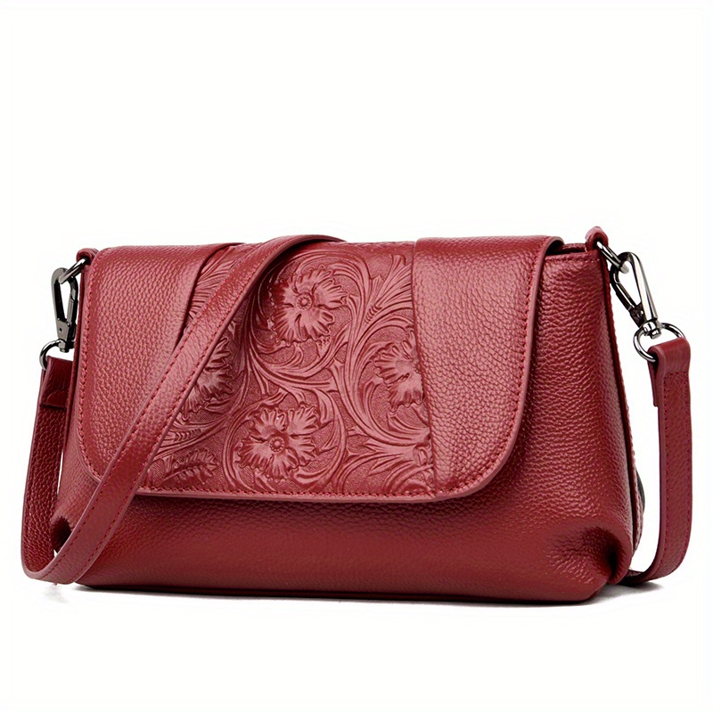 Flower Embossed Shoulder Bag, Vintage Leather Crossbody Bag, Women's Solid Color Flap Purses