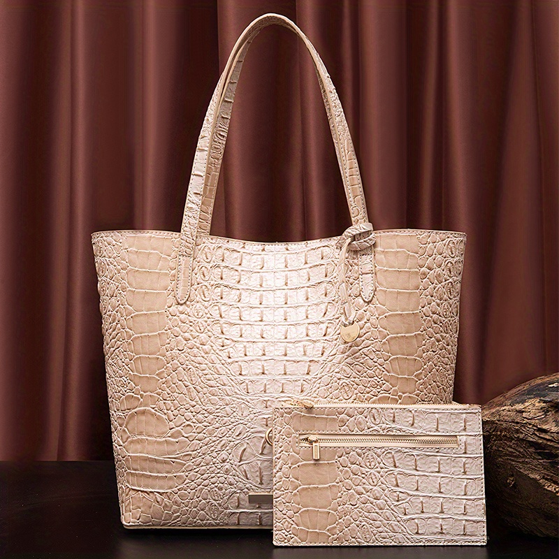 2Pcs Crocodile Pattern Tote Bag, Fashion Leather Shoulder Bag, Women's Handbag With Clutch Purse
