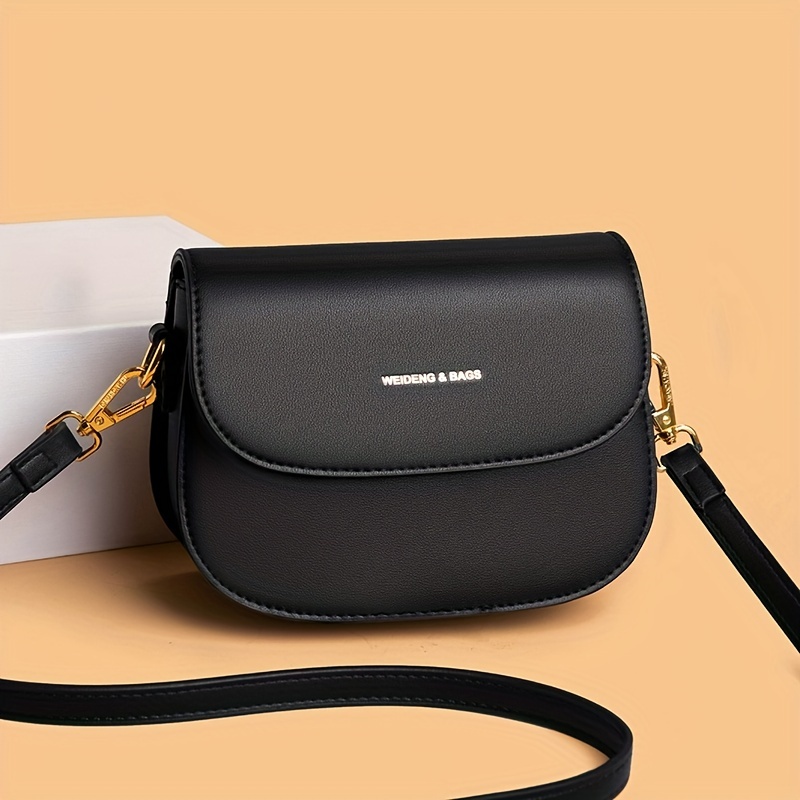 Letter Graphic Saddle Bag, Solid Color Crossbody Bag, Women's Mini Flap Shoulder Purses