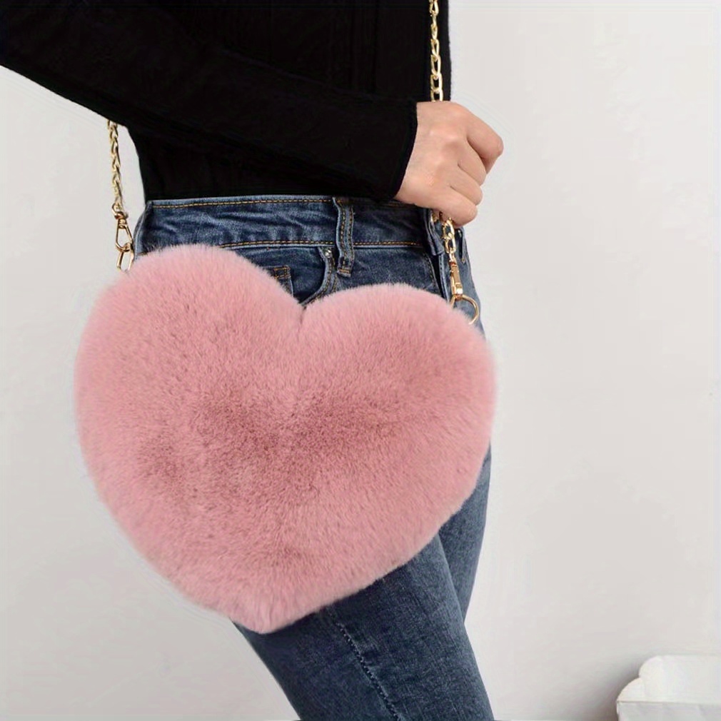 Heart Shaped Fluffy Shoulder Bag, Fashion Chain Crossbody Bag, Cute Zipper Purse For Valentine's Day
