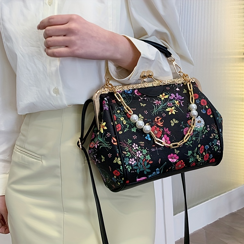 Floral Pattern Handbag, Faux Pearl Chain Clutch Purse, Women's Kiss Lock Crossbody Bag