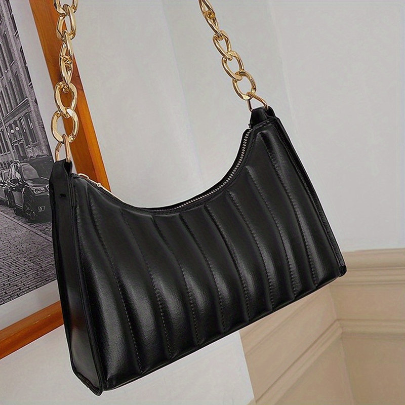 Striped Shoulder Bag, Vintage Chain Baguette Bag, Women's PU Leather Underarm Purse