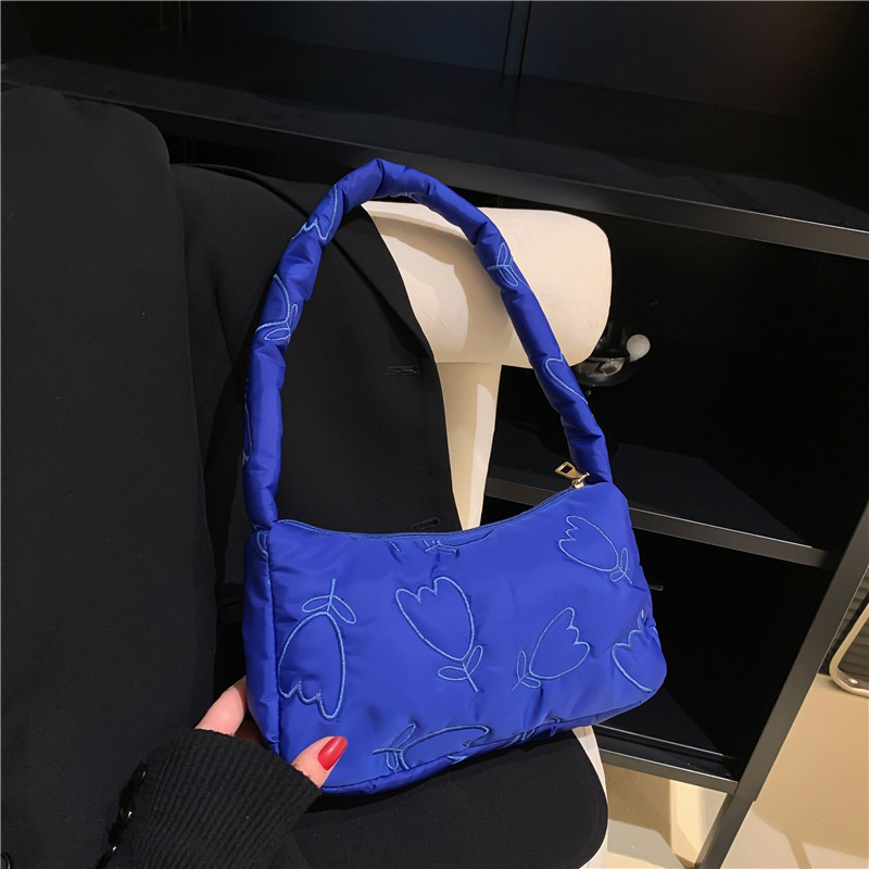 Y2K Heart Embroidery Baguette Bag, Women's Puffy Shoulder Bag, Trendy Cotton Padded Handbag