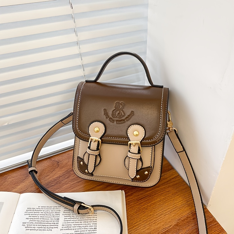 Bear Embossed Messenger Bag, Fashion Buckle Decor Shoulder Bag, PU Leather Top Handle Flap Purse For Women (7.09*6.3*2.76) Inch