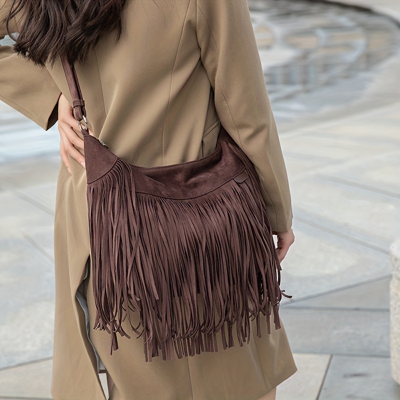 Ladies Fashion All-match Shoulder Bag, Suede Punk Tassel Decor Messenger Bag