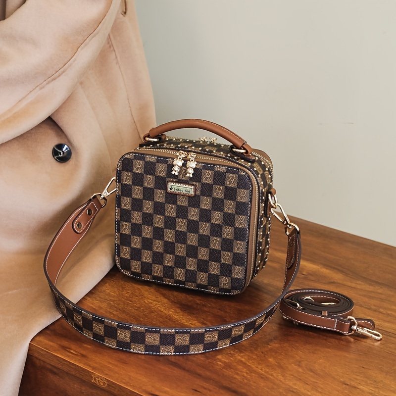 Checkered Patter Square Box Bag, Fashion Patch Decor Shoulder Bag, Women's Top Handle Purse (7.48*7.09*3.94) Inch