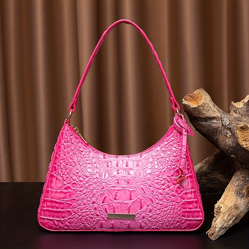 Crocodile Embossed Underarm Bag, Vintage Metal Decor Shoulder Bag, Women's Solid Color Zipper Purse