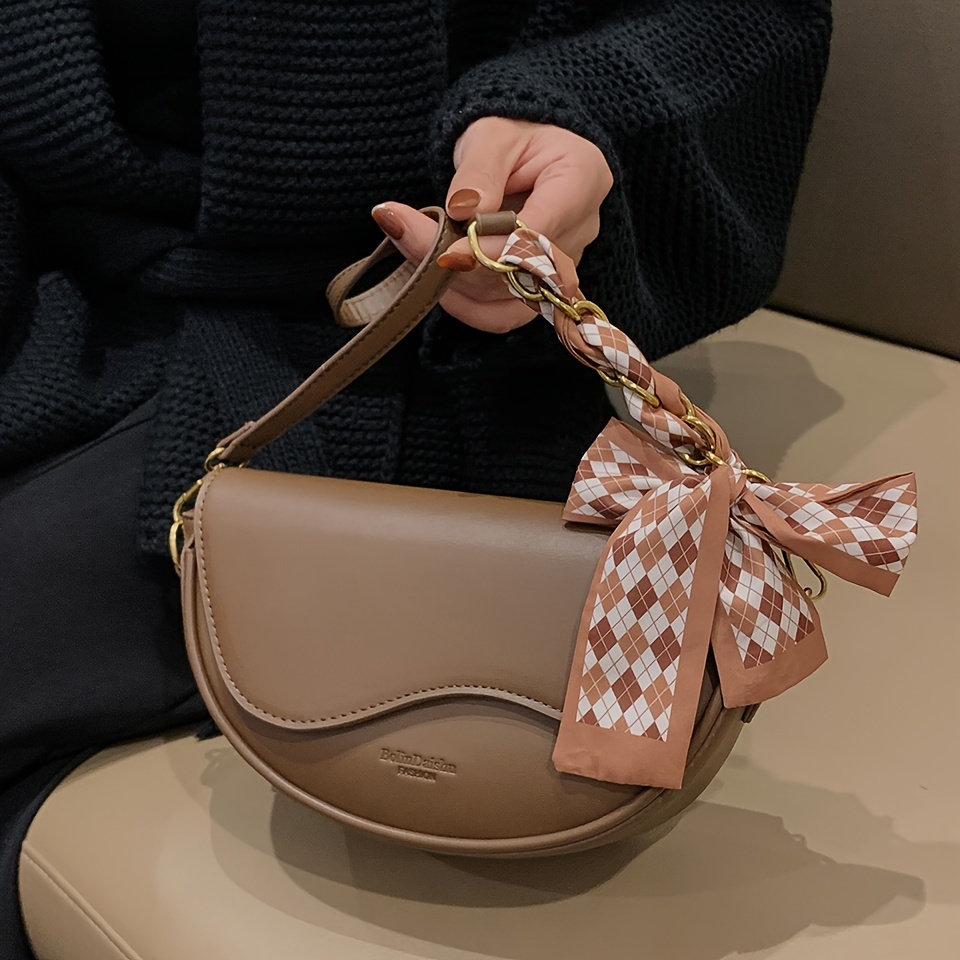 Trendy Flap Saddle Bag, Scarf Decor Shoulder Bag, Women's PU Leather Crossbody Bag