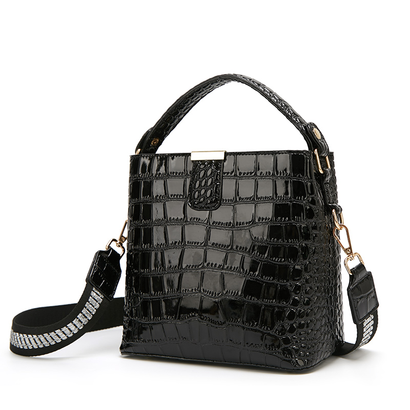 Bright Crocodile Embossed Bucket Bag, Zipper Shoulder Bag, Buckle Decor Waterproof Tote Bag