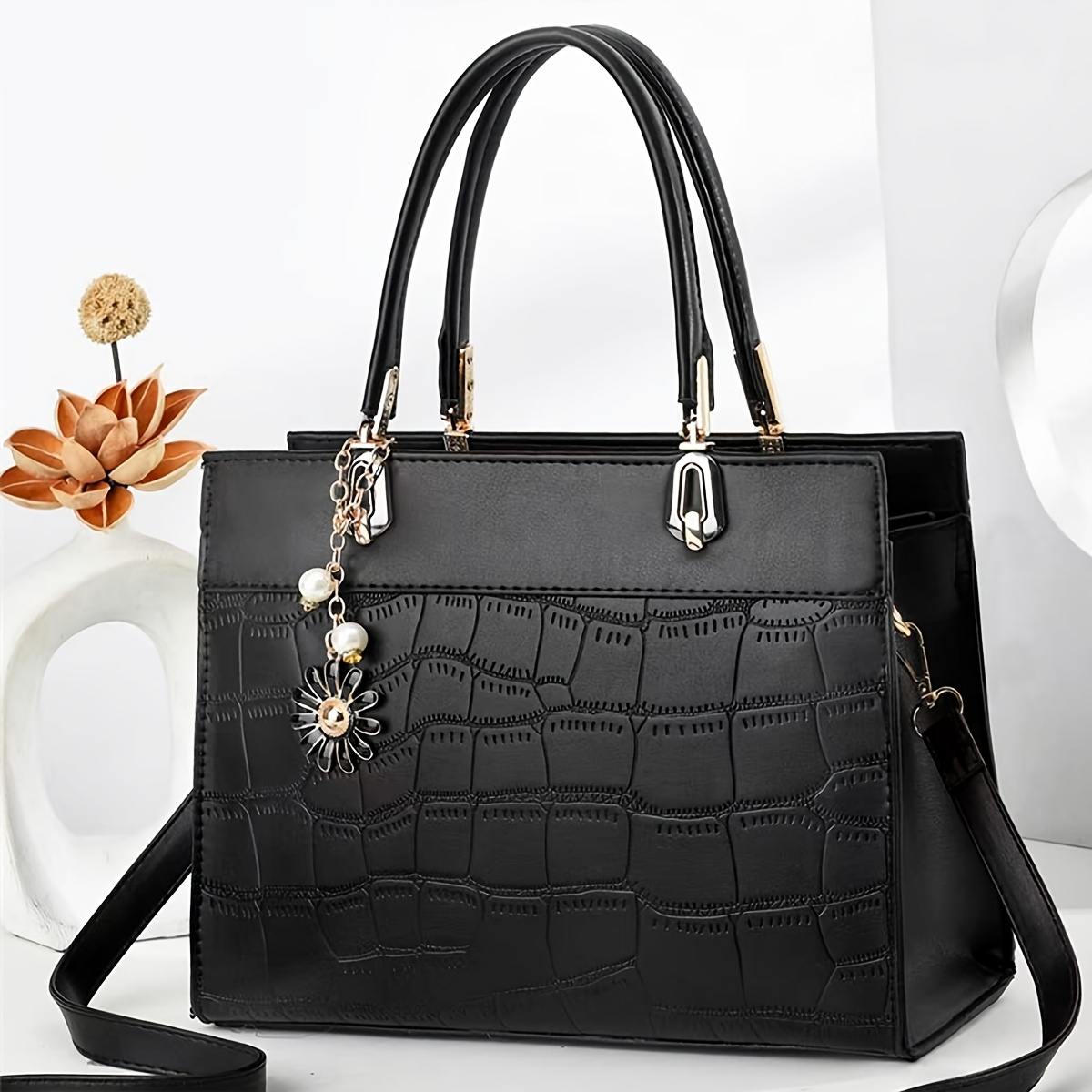 Croc Embossed Shoulder Bag, Women's Black Handbag Faux Leather Double Handle Bag