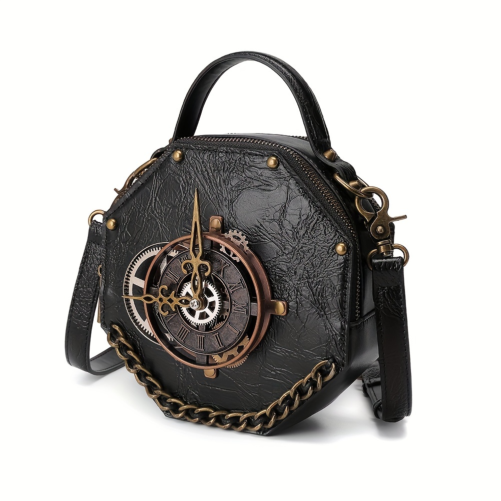 Vintage Clock Design Punk Shoulder Bag, Retro Zipper Satchel Bag, Women's Classic Bag