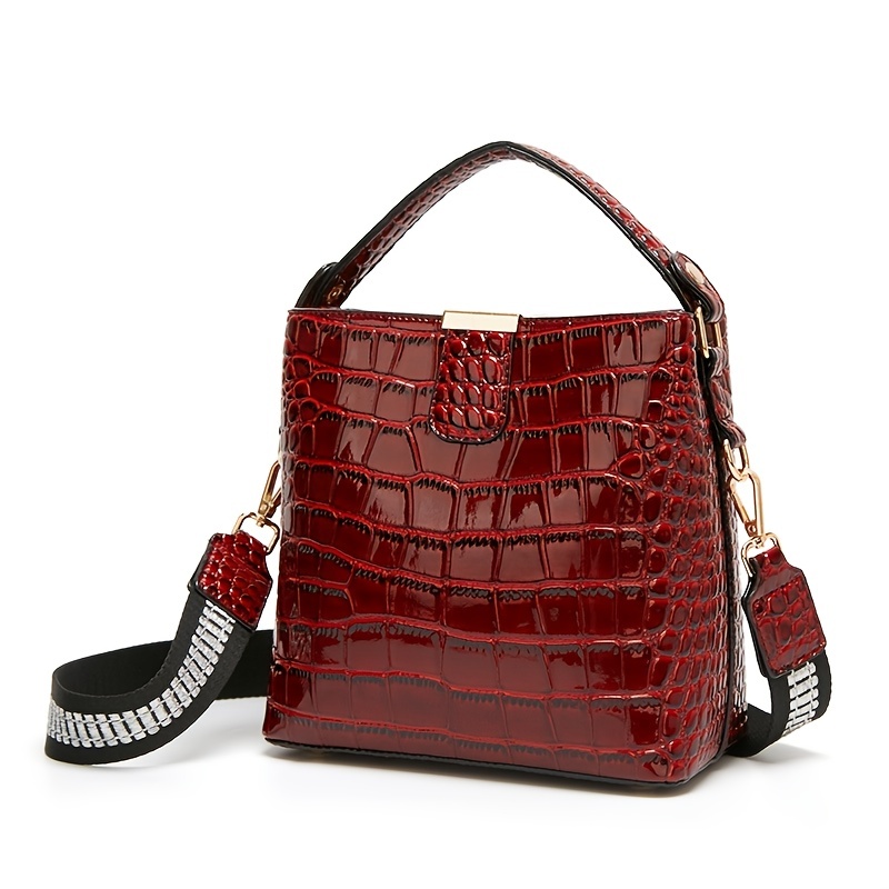 Bright Crocodile Embossed Bucket Bag, Zipper Shoulder Bag, Buckle Decor Waterproof Tote Bag