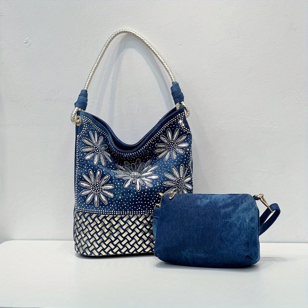 Flower Pattern Rhinestone Decor Shoulder Bag, Stylish Denim Bag Sets, Women's All-Match Bags