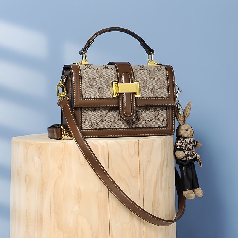Bear Print Flap Shoulder Bag, Women's Buckle Decor Crossbody Bag, Fashion Top Handle Purse With Bag Charm