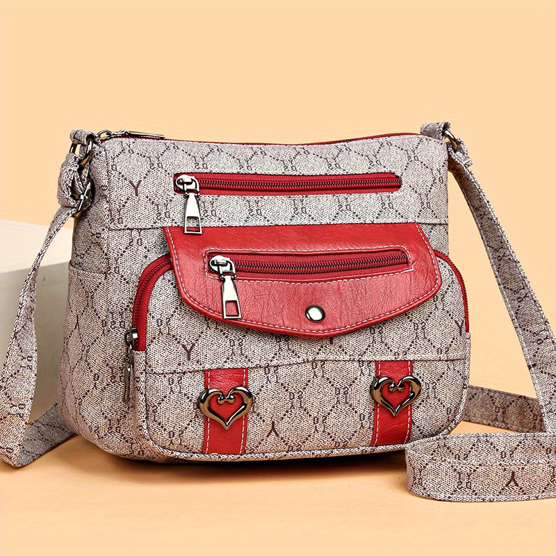 Heart Decor Crossbody Bag, Vintage Multi Pockets Shoulder Bag, Women's Faux Leather Purse
