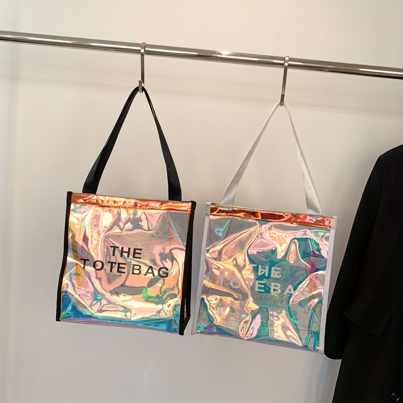 Waterproof Clear Laser Tote Bag, Trendy PVC Shoulder Bag, Holographic Summer Beach Bag For Travel Outdoor