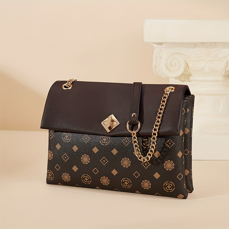 Fashion Printed Chain Crossbody Bag, Women's Turn Lock Flap Purse, Casual Square Shoulder Bag