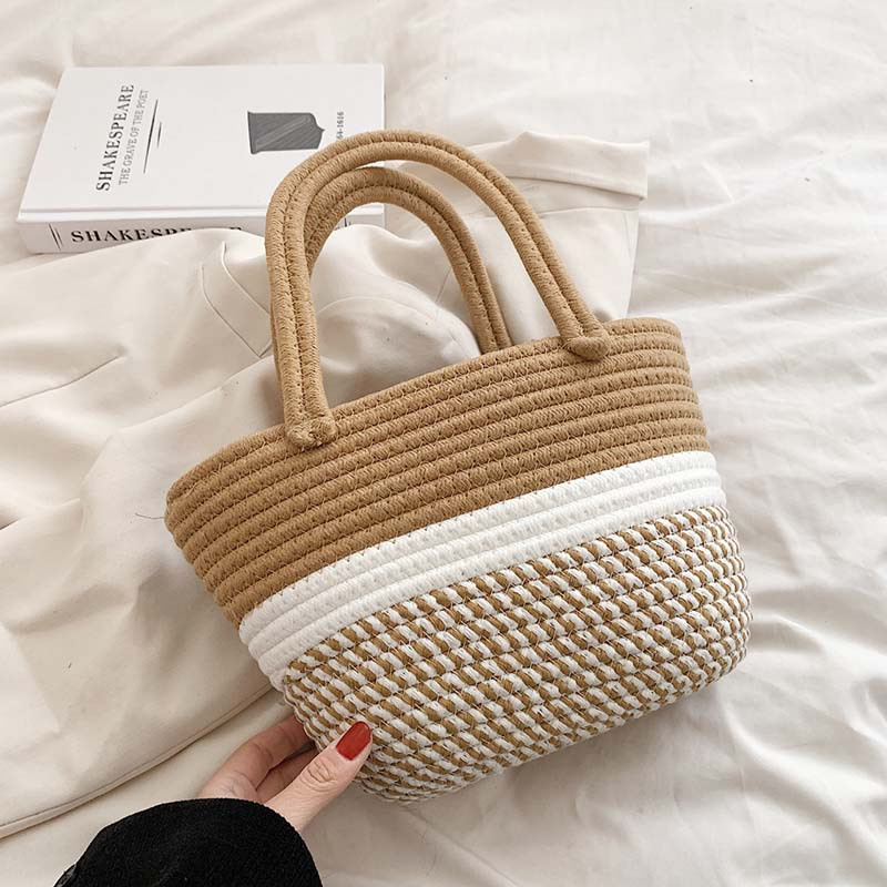 Colorblock Woven Handbags, Small Braided  Holiday Picnic Basket, Hobo Style Summer Beach Bag