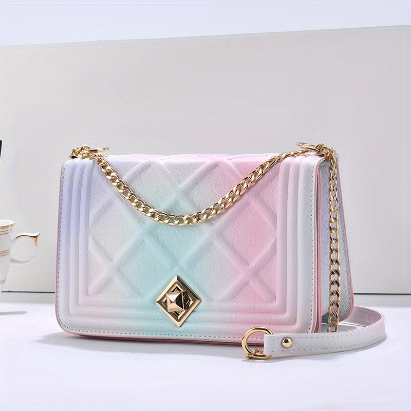 Gradient Color Chain Strap Shoulder Bag, Turn Lock Ombre Crossbody Bag, PU Leather Embossed Colorful Flap Bag