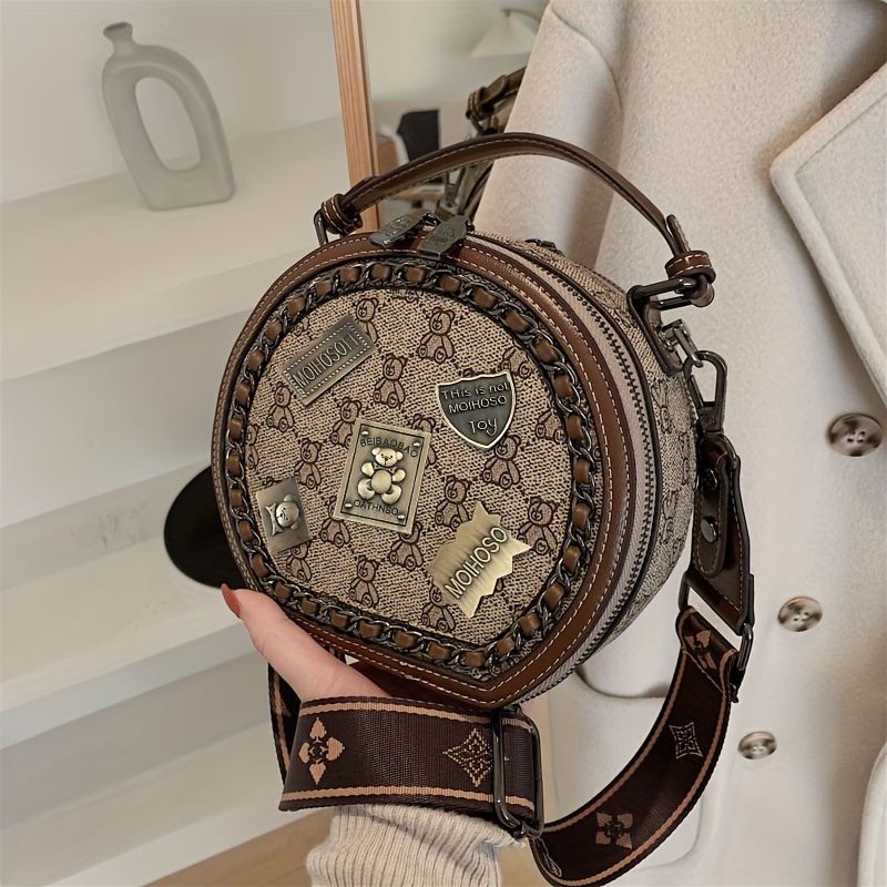 Badge Decor Round Shoulder Bag, Women's Rhombus Pattern Crossbody Purse, Fashion Zipper Handbag