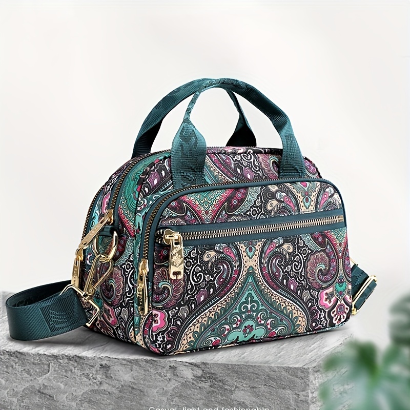 Vall Over Vintage Pattern Satchel Bag, Zipper Lightweight Storage Bag, Versatile Bag For School