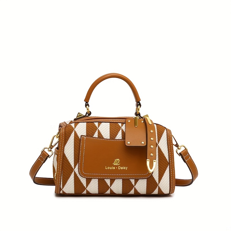 Khaki Argyle Geometric Pattern Color Block Shoulder Bag, Zipper Portable Handle Crossbody Bag, Large Capacity Elegant Handbag