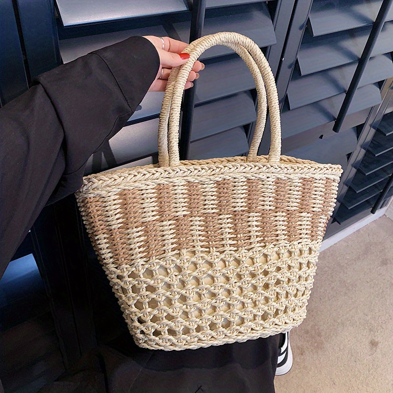 Colorblock Straw Tote Satchel Bag, Lightweight Simple Handbag, Versatile Travel Beach Bag