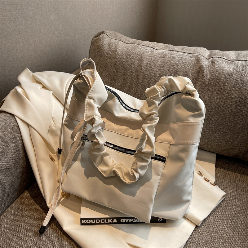 Fashion Nylon Shoulder Bag, Solid Color Ruched Detail Hobo Bag, Tote Bag