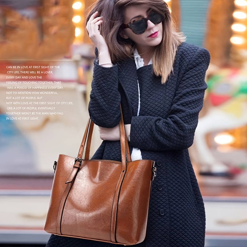 Faux Leather Shoulder Bag, Women's Trendy Elegant Tote Bag Casual Zipper Crossbody Bag
