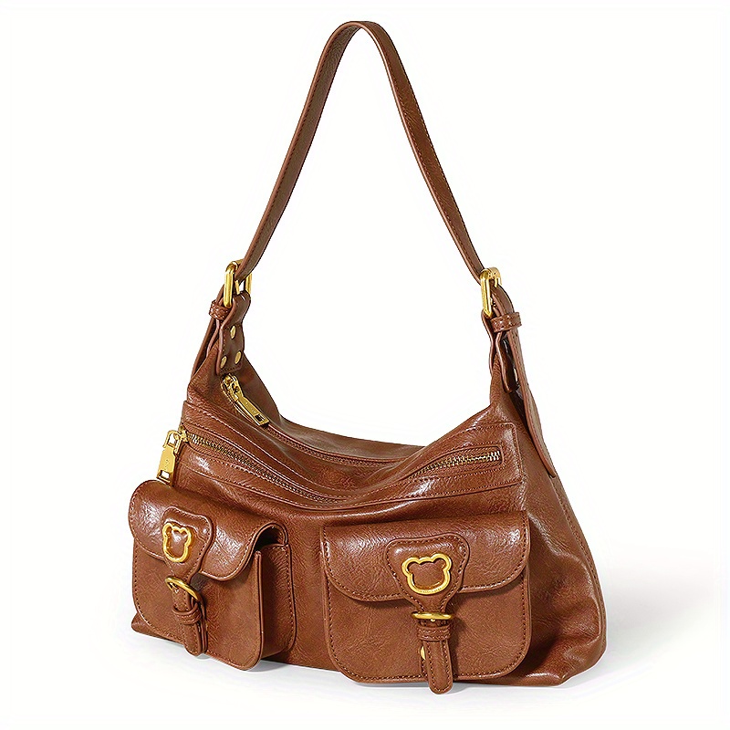 TOUTOU Retro Style Hobo Bag, Y2K Pockets Front Shoulder Bag, Large Capacity Crossbody Bag For Women