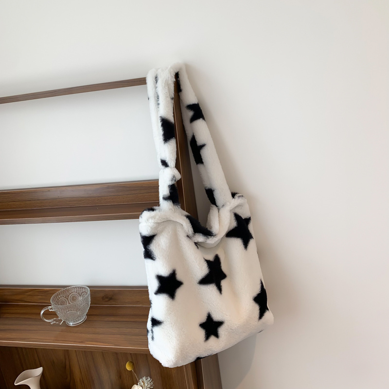 Star Pattern Plush Tote Bag, Trendy Faux Fur Shoulder Bag, Women's Large Capacity Handbag