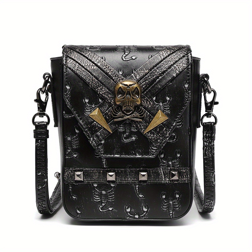 Punk Style Crossbody Bag, Halloween Skull Decor Flap Purse, Gothic PU Leather Phone Bag