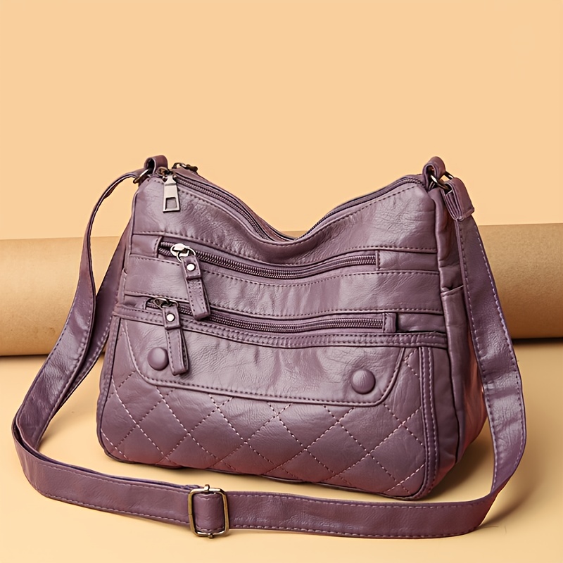 Argyle Quilted Shoulder Bag, Multi Zipper Crossbody Purse, Women's Solid Color Large Capacity Bag