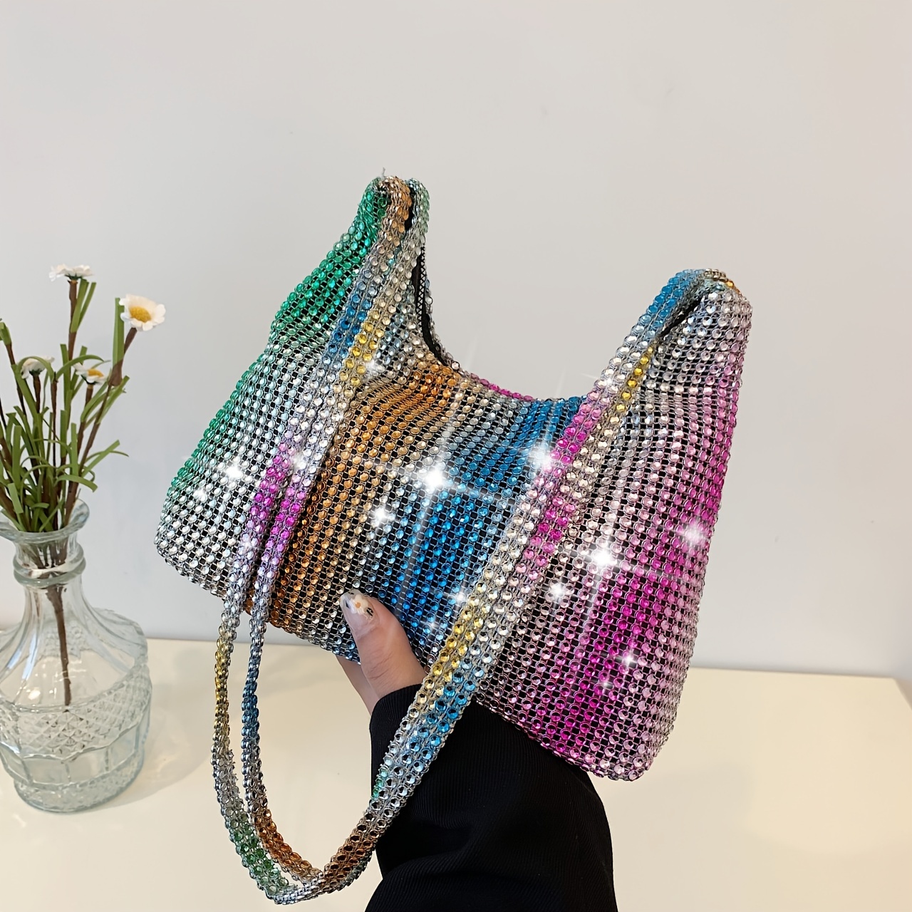 Allover Rhinestone Shoulder Bag, Fashion Large Capacity Purse, Women's Glitter Zipper Handbag