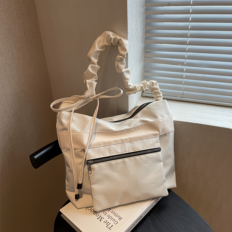 Fashion Nylon Shoulder Bag, Solid Color Ruched Detail Hobo Bag, Tote Bag