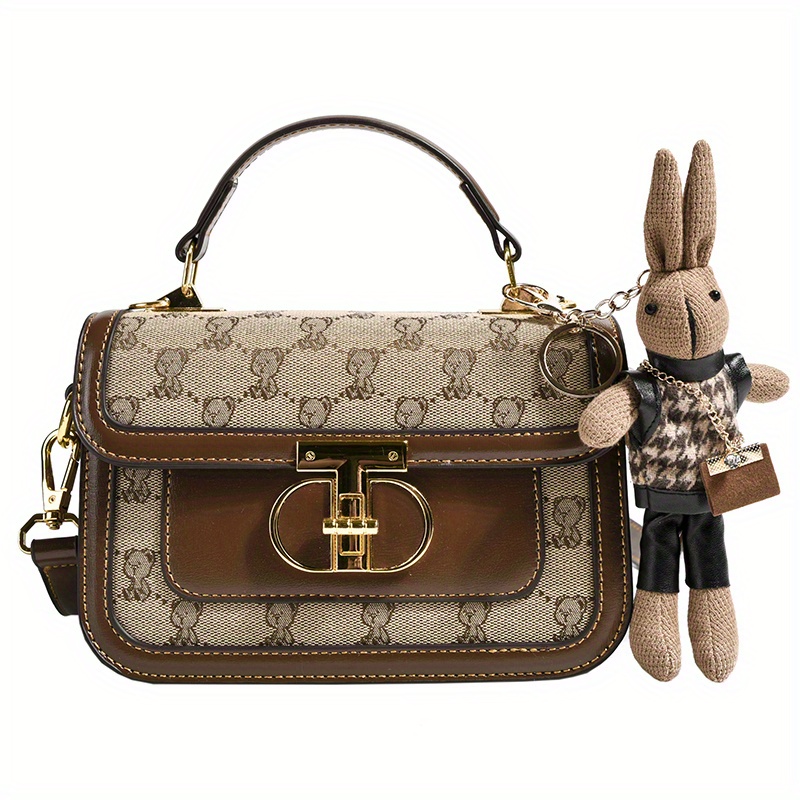 Bear Print Handbags For Women, Vintage Turn Lock Crossbody Bag, Small Top Handle Flap Purses