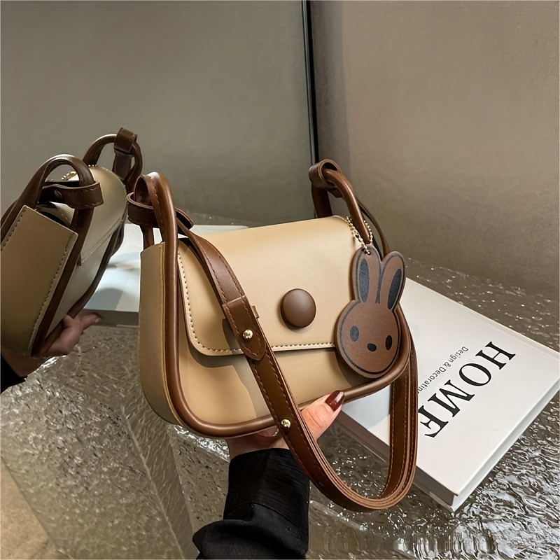 Vintage Square Crossbody Bag, Women's Faux Leather Flap Purse, Small Shoulder Bag With Bag Charm