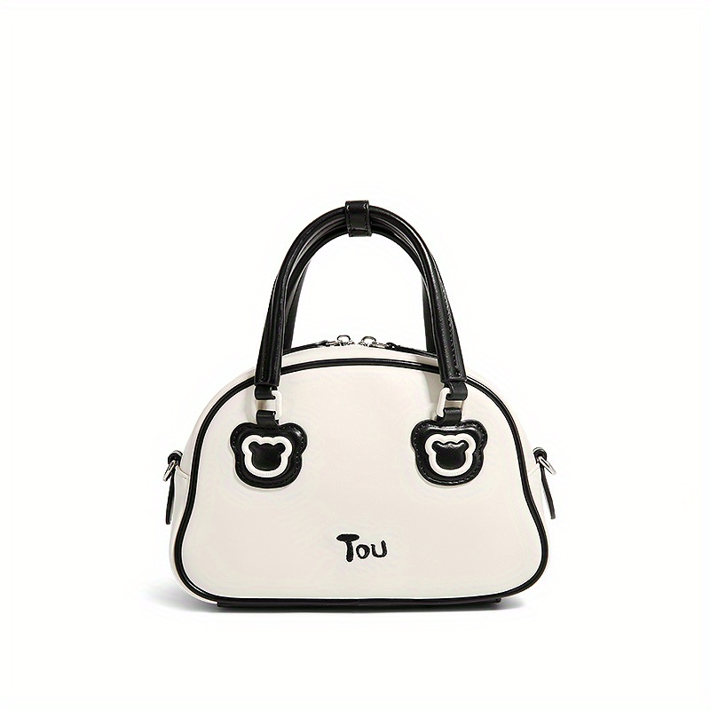 TOUTOU Cartoon Boston Bag, Cute Bear Patch Decor Handbag, Women's Small Faux Leather Satchel Purse