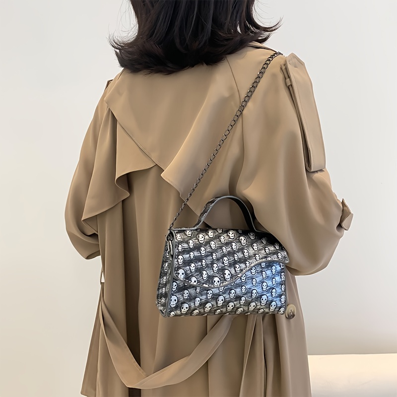 Mini Skull Embossed Chain Square Bag, Women's Trendy Flap Shoulder Purse, Crossbody Hand Bag