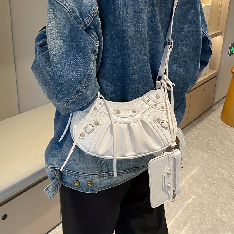 Y2K Studded Decor Crossbody Bag Set, Heart Decor Crescent Bag, Trendy Shoulder Bag With Coin Purse