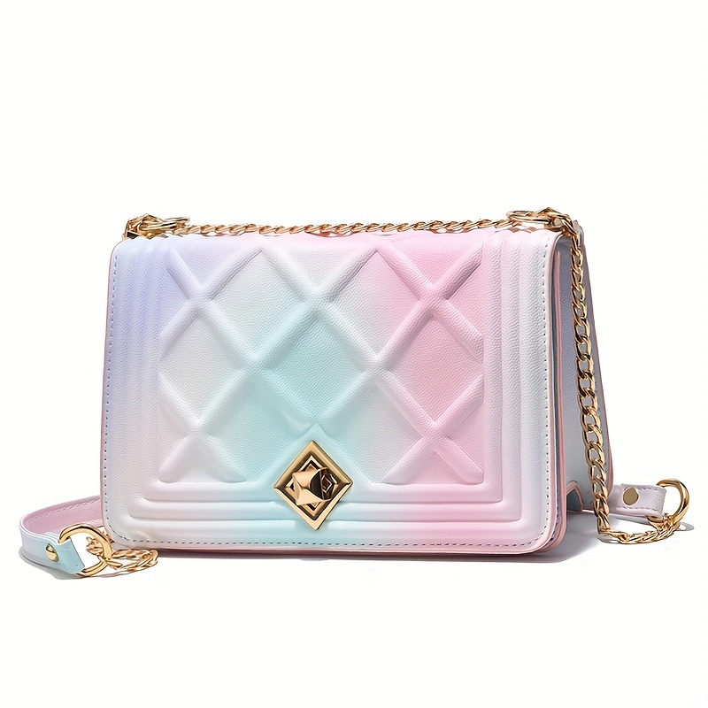 Gradient Color Chain Strap Shoulder Bag, Turn Lock Ombre Crossbody Bag, PU Leather Embossed Colorful Flap Bag